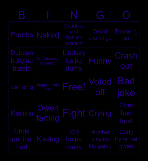 Total drama island Bingo Card