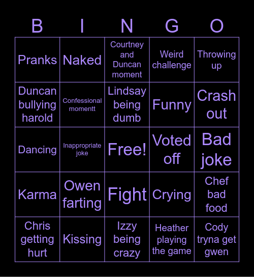 Total drama island Bingo Card