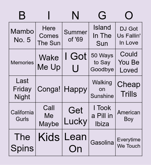 Summer Anthems Bingo Card