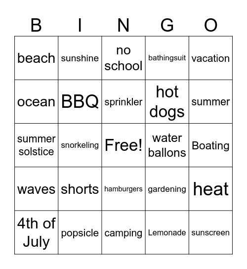 Summer Bingo Card