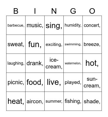 Summer Vacation Bingo Card