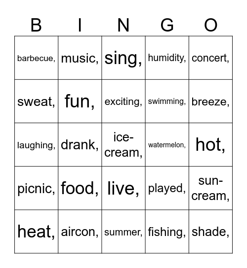 Summer Vacation Bingo Card