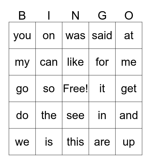 Sight Word Bingo Card