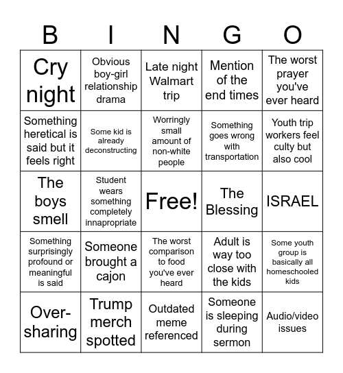 Youth trip bingo Card