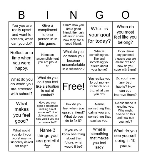 Emotional Regulation Bingo Card