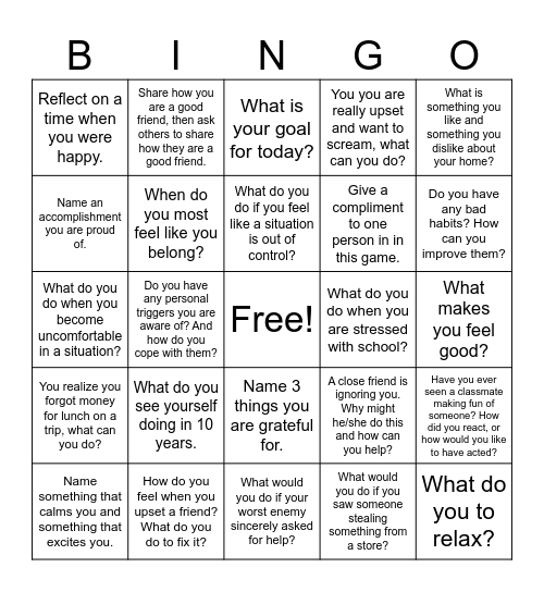 Emotional Regulation Bingo Card