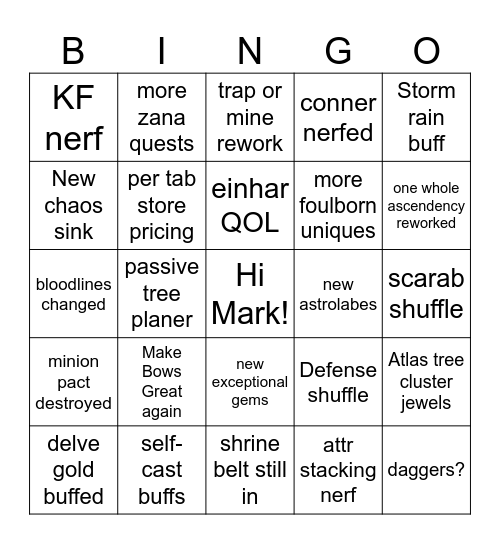 POE 3.29 Bingo Card