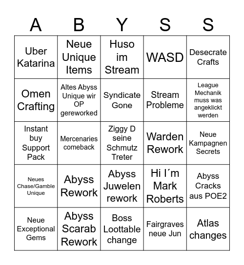 Curse of the Abyss Rework Bingo Card