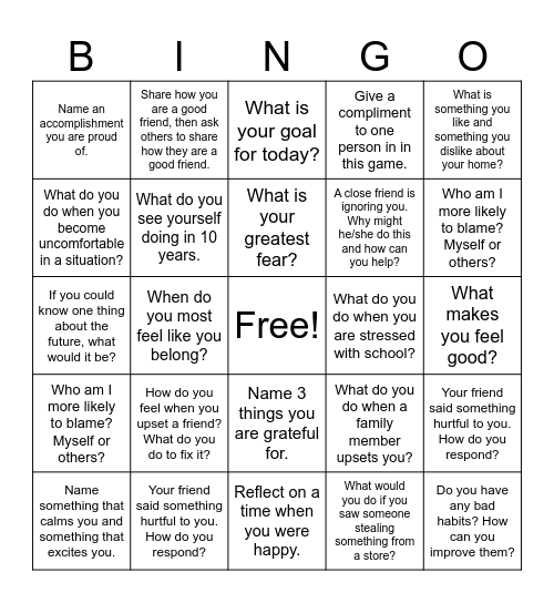 Emotional Regulation Bingo Card