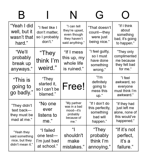 COGNITIVE DISTORTION BINGO Card