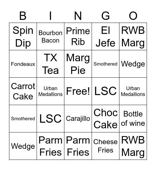 Dinner Bingo Card