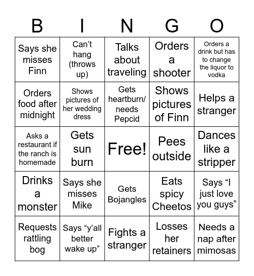 Cass Bachelorette Bingo Card