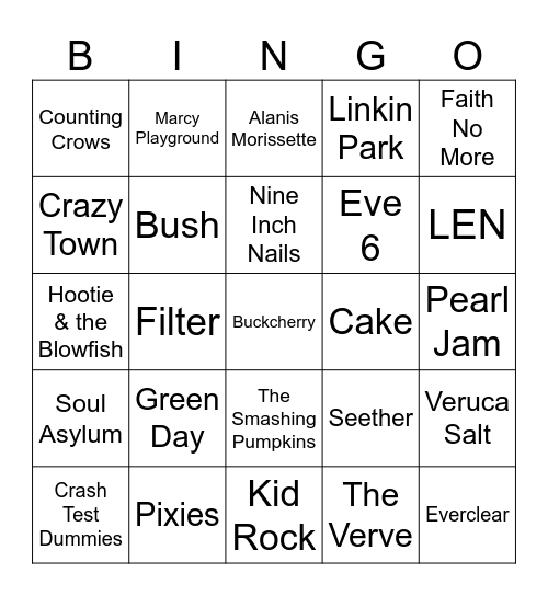 90's Rock Bingo Card