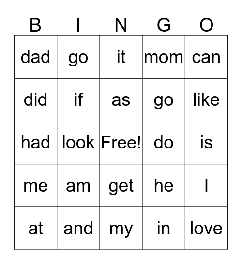 HIGH FREQUENCY WORDS Bingo Card