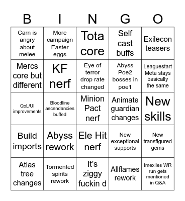 Allflame league bingo Card