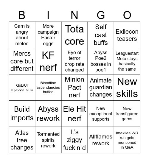 Allflame league bingo Card