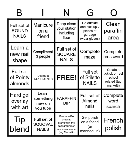 Junior MANICURING Bingo Card