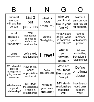 Relationship Bingo Card