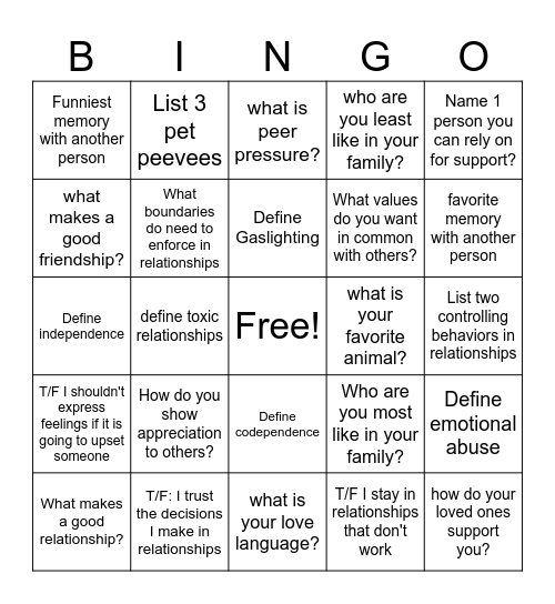 Relationship Bingo Card