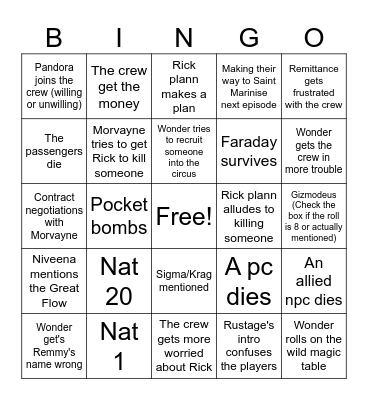 Space Pirates Ep 21 Bingo Card