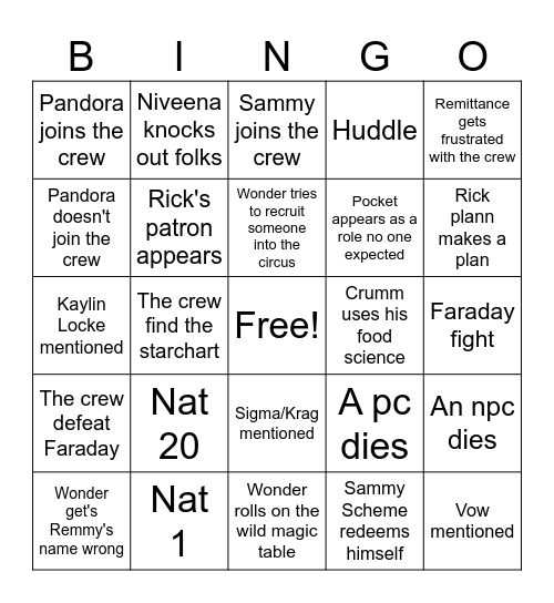 Space Pirates Ep 18 Bingo Card