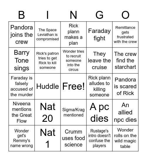 Space Pirates Ep 19 Bingo Card