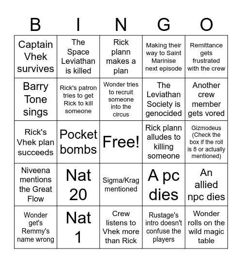 Space Pirates Ep 20 Bingo Card