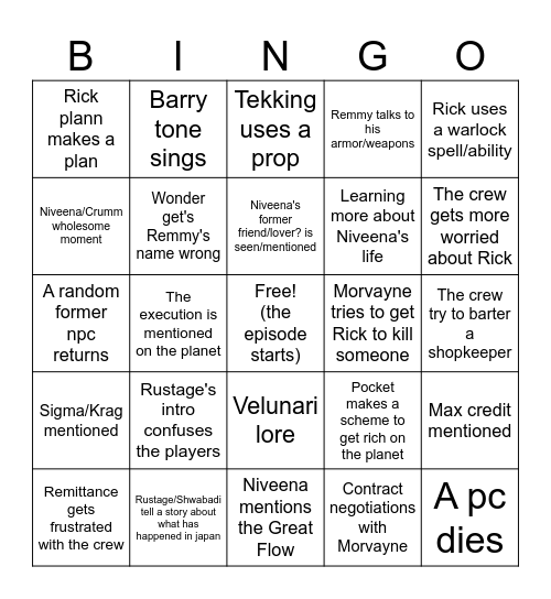 Space Pirates Ep 22 Bingo Card