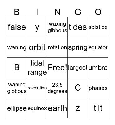 Sun, Earth, Moon Bingo Card