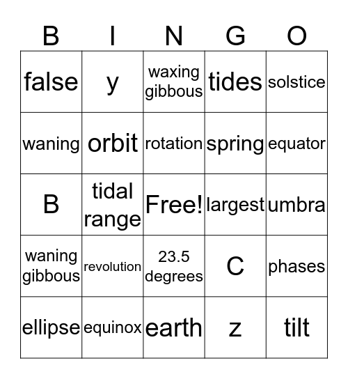 Sun, Earth, Moon Bingo Card