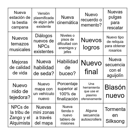 Silksong Sea of Sorrow DLC Predicciones Bingo Card