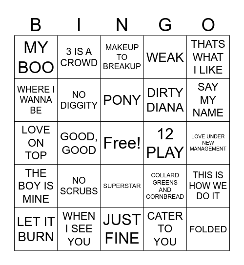 LADIES NIGHT R & B Bingo Card