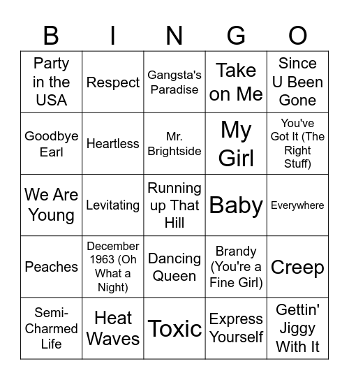 CRT Music Bingo Card