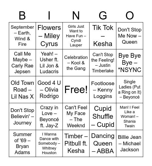 OWeek - Musical Bingo Card