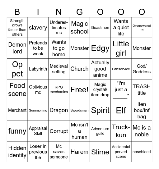 Isekai Bingo Card