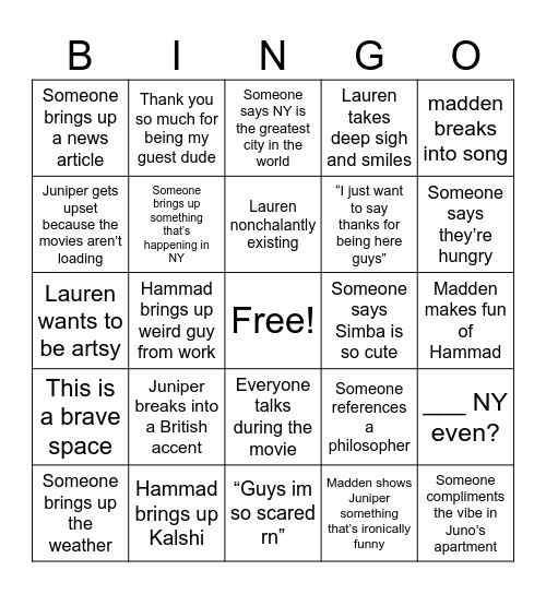 NY Movie Night Bingo Card