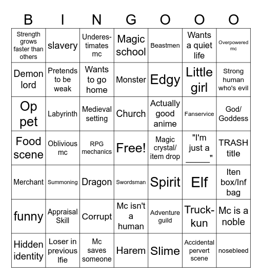 Isekai Bingo Card