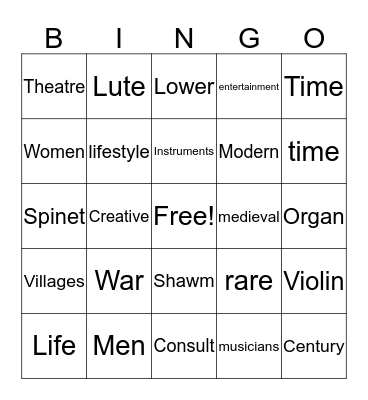 Elizabethan Music  Bingo Card