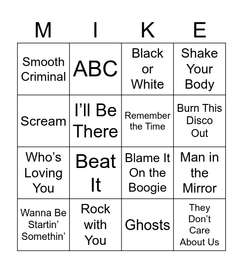 Michael Jackson Bingo Card
