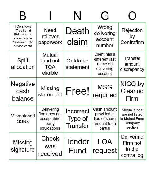Transfer Bingo Card