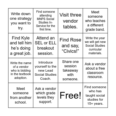 Social Studies In-Service Challenge Bingo Card