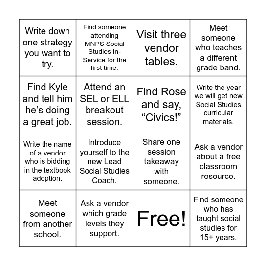 Social Studies In-Service Challenge Bingo Card