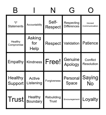 Relationship Bingo Card