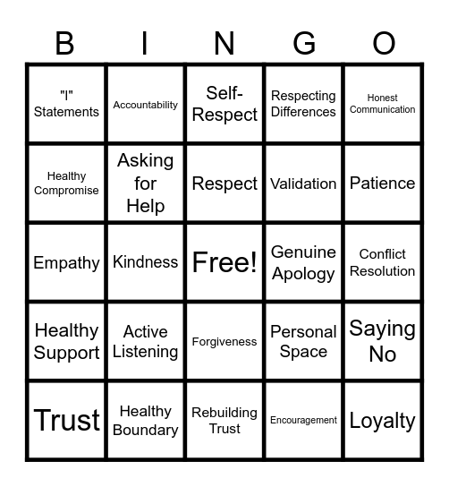 Relationship Bingo Card