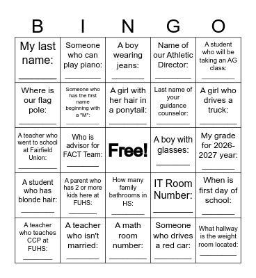 FUHS BACK TO SCHOOL BINGO Card