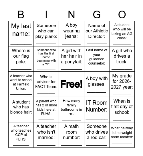 FUHS BACK TO SCHOOL BINGO Card