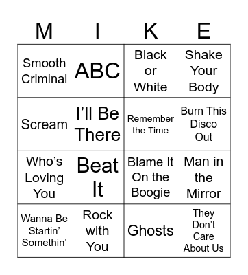 Michael Jackson Bingo Card