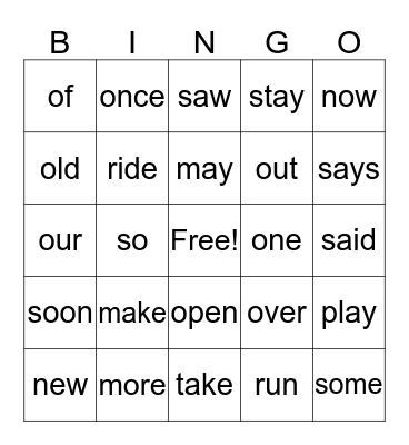 High Frequency Words Bingo Card