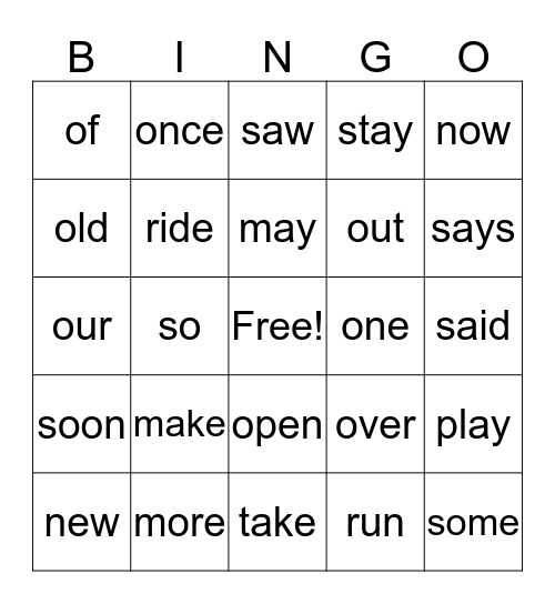 High Frequency Words Bingo Card