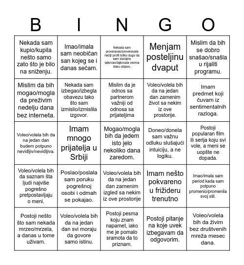 bingo četvrtak Bingo Card